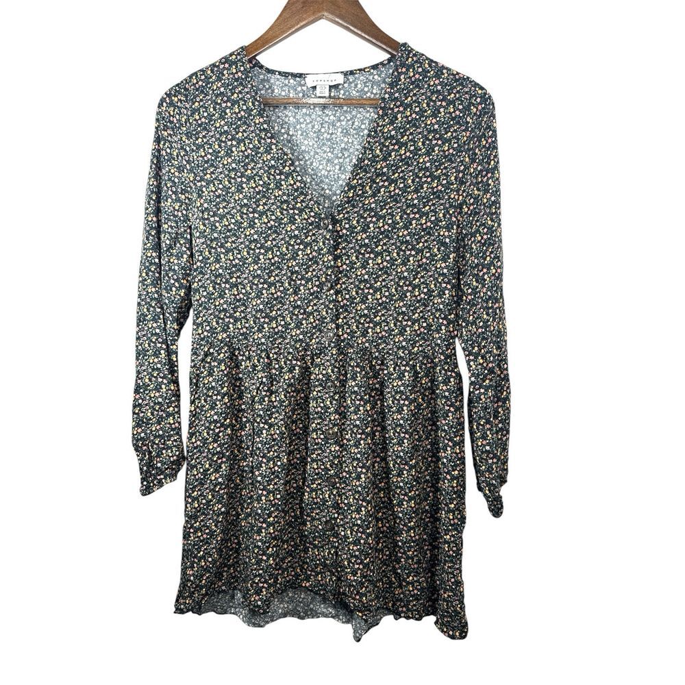 Topshop Floral Long Sleeve Mini‎ Dress Black Women's Size 6